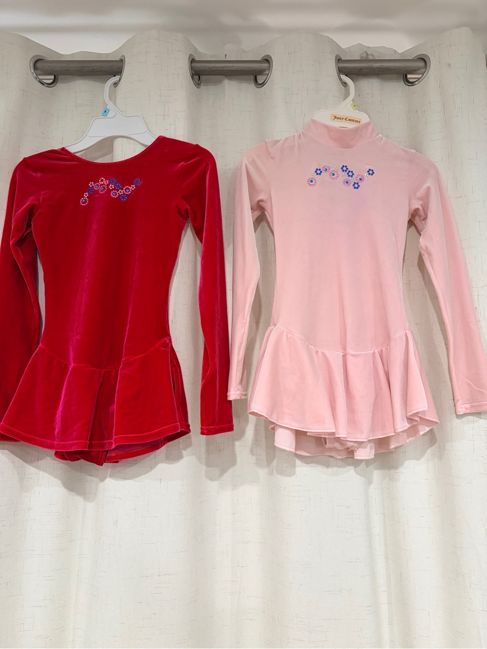 Girls Velvet Ballet Dress - Red or Light Pink Floral Detail